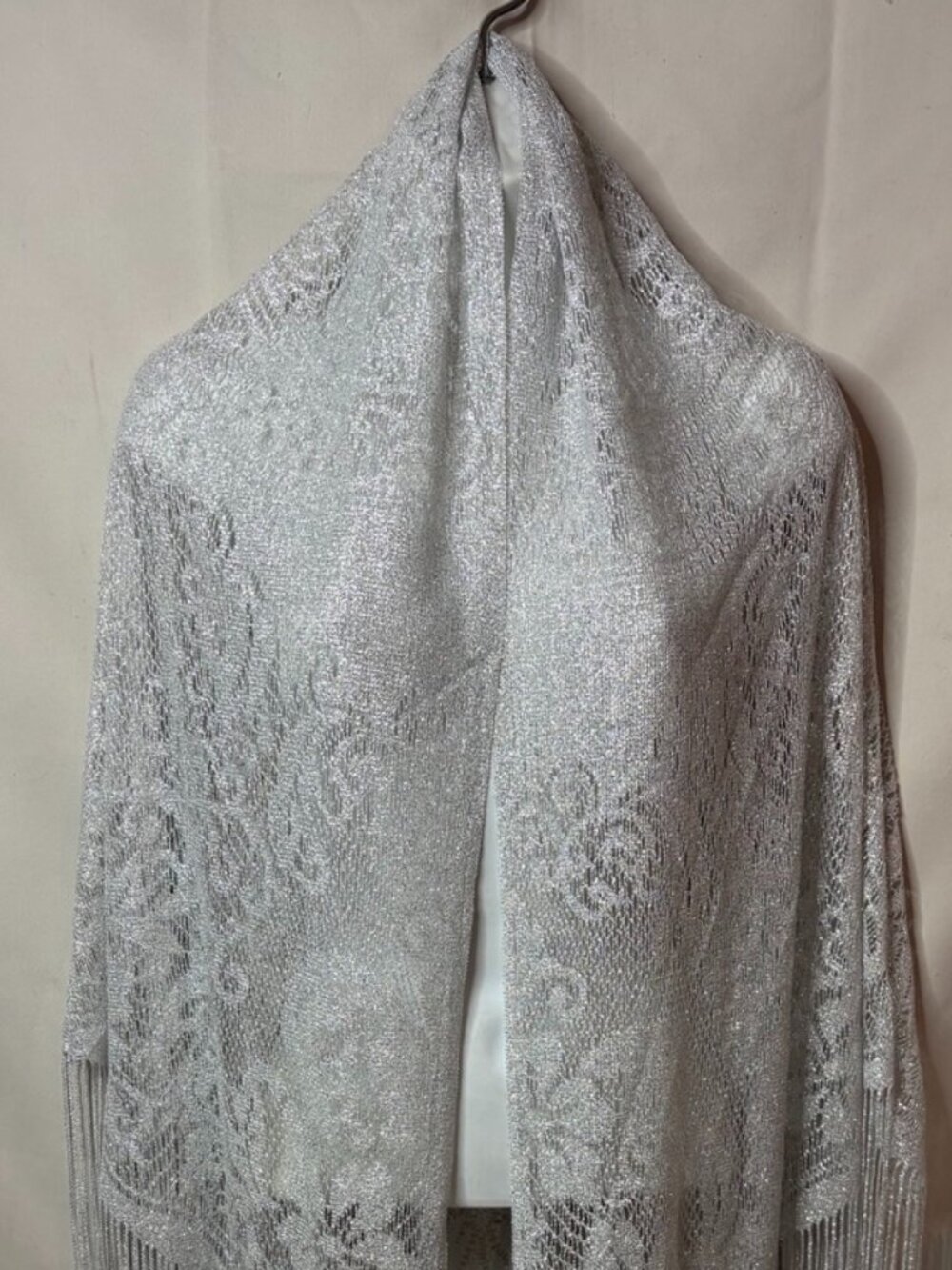 Open Front Lace Shawl With Fringe Gray Silver with Sparkles One Size